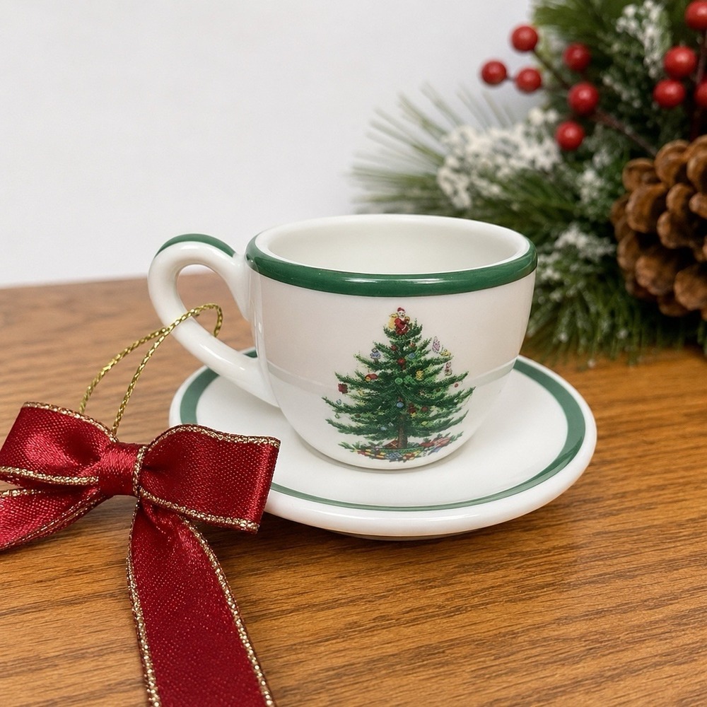 Spode Christmas Tree Mini Teacup Saucer Ornament Handcrafted Holiday Decor